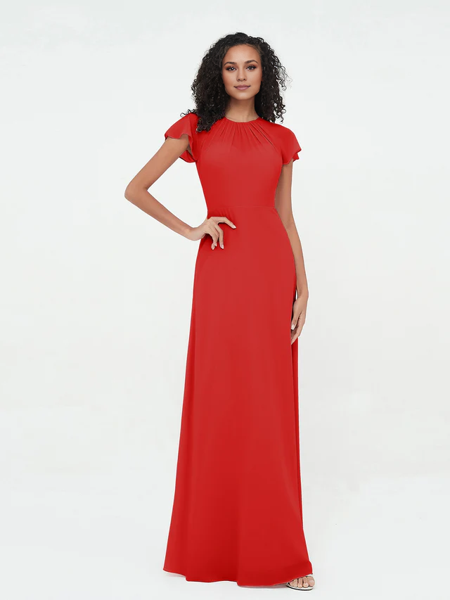 Chiffon Short-Sleeve Round Neck Ruched Bodice A-Line Floor-Length Bridesmaid Dresses