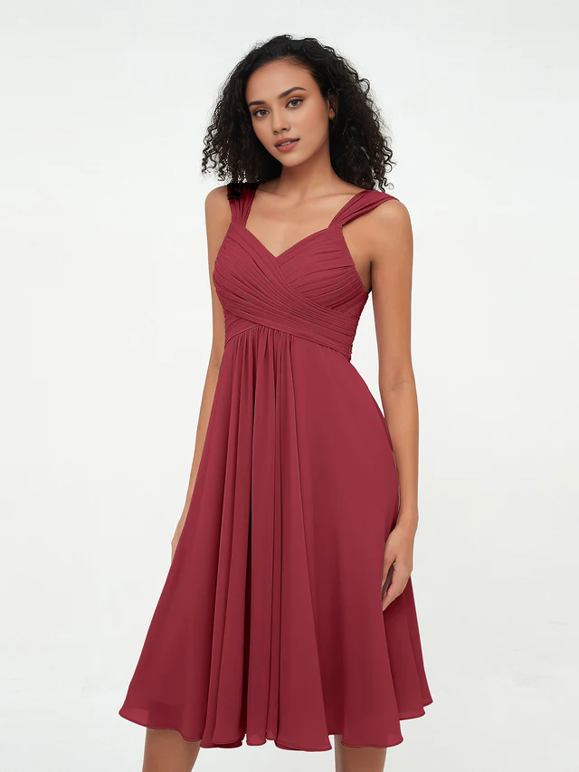 Chiffon Spaghetti-Strap Sweetheart Neckline Ruched Bodice Tea-Length A-Line Bridesmaid Dresses