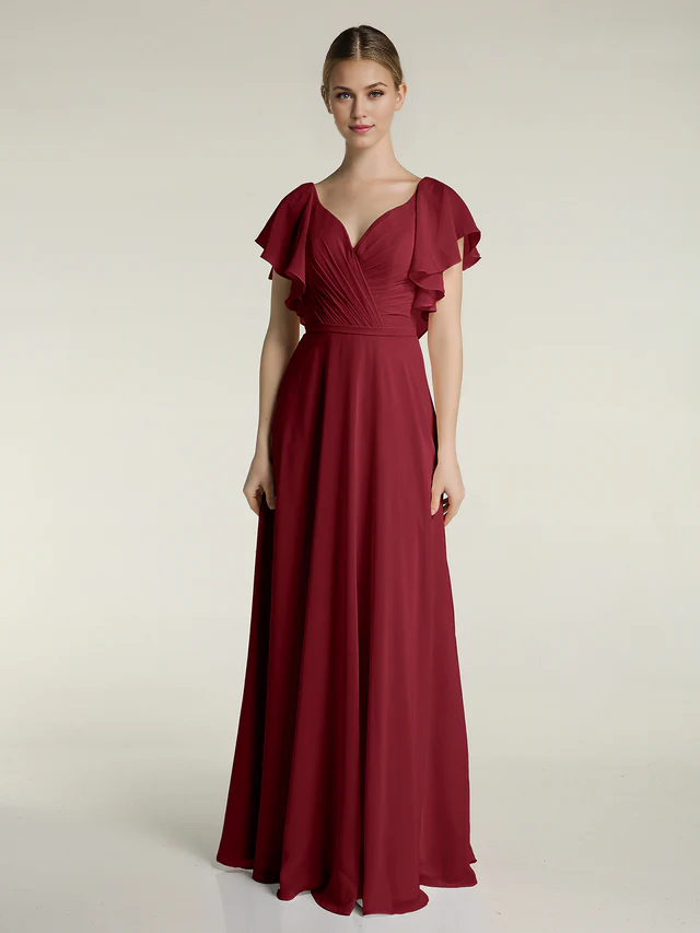 Chiffon Flutter-Sleeve V-Neck Ruched Bodice A-Line Floor-Length Bridesmaid Dresses