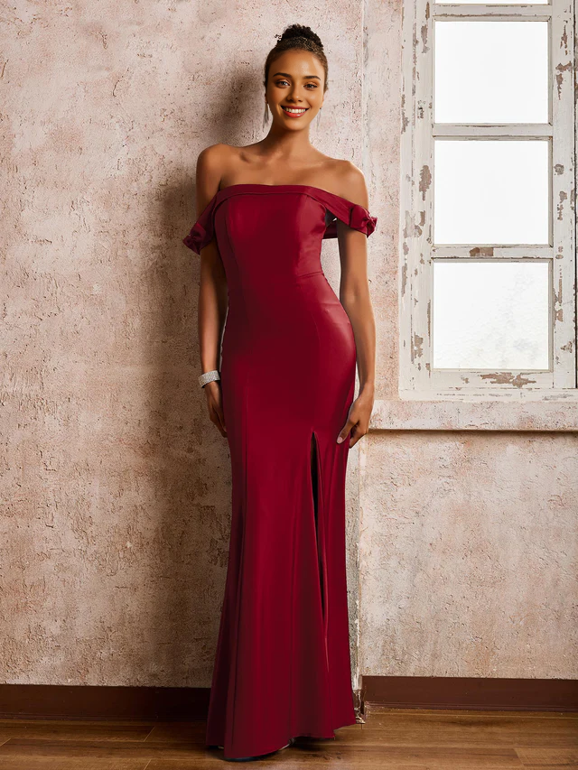 Chiffon Off-Shoulder Sweetheart Neckline Ruched Bodice High-Slit Sheath Floor-Length Bridesmaid Dresses