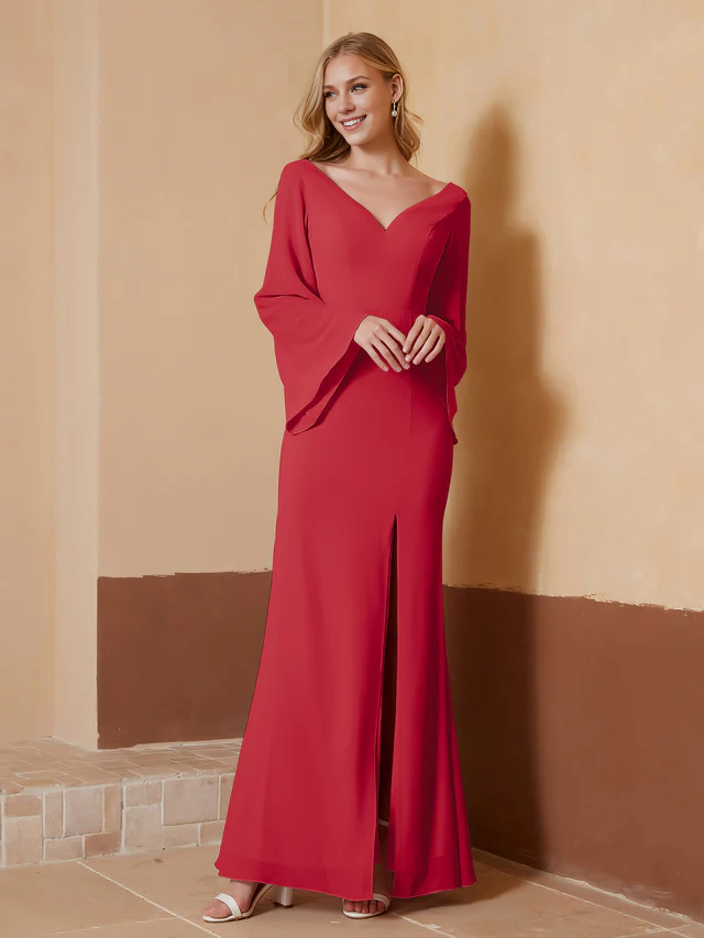Chiffon Bell-Sleeve Deep V-Neck Ruched Bodice Sheath Floor-Length Bridesmaid Dresses