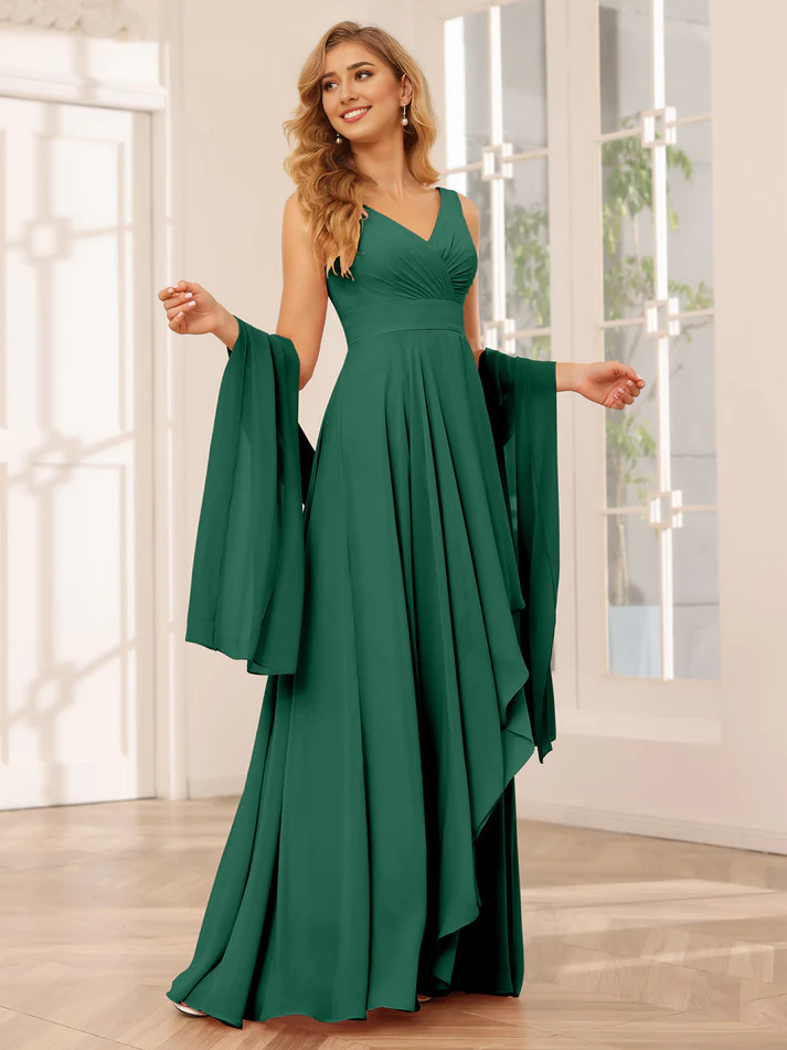Chiffon V-Neck Detachable Bell-Sleeve High-Low A-Line Floor-Length Versatile Bridesmaid Dress
