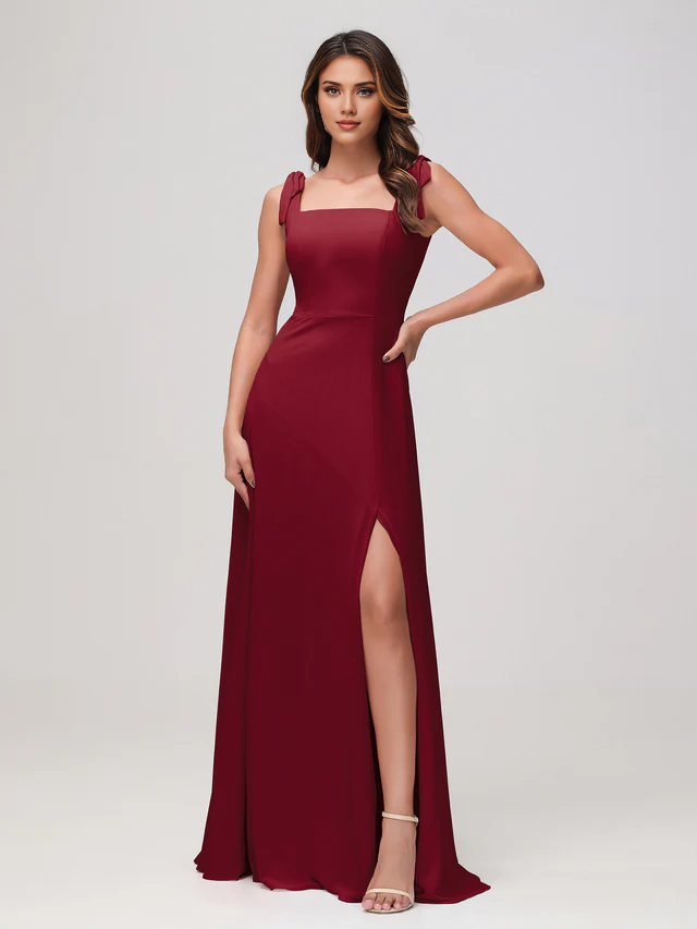Satin Square Neck Spaghetti-Strap Ruched Bodice High-Slit Sheath Floor-Length Bridesmaid Dresses
