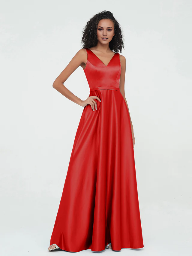 Satin Spaghetti-Strap V-Neck Ruched Bodice A-Line Floor-Length Bridesmaid Dresses
