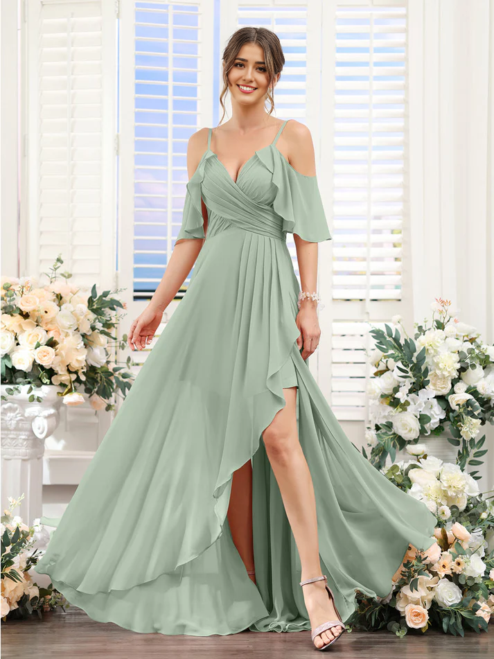 Chiffon Cold-Shoulder Spaghetti-Strap Ruched Bodice High-Low Floor-Length Romantic Bridesmaid Dress