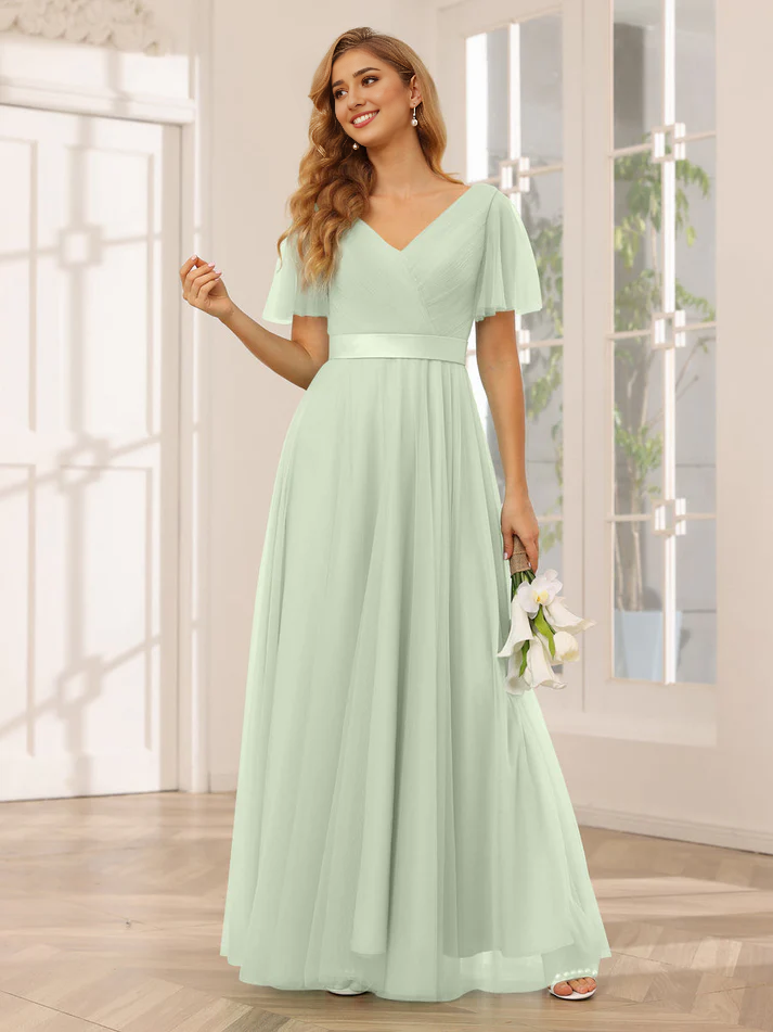 Chiffon Short-Sleeve V-Neck Belted Bodice A-Line Floor-Length Romantic Bridesmaid Dress