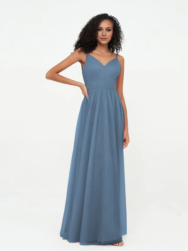 Chiffon Spaghetti-Strap V-Neck Ruched Bodice A-Line Floor-Length Bridesmaid Dresses