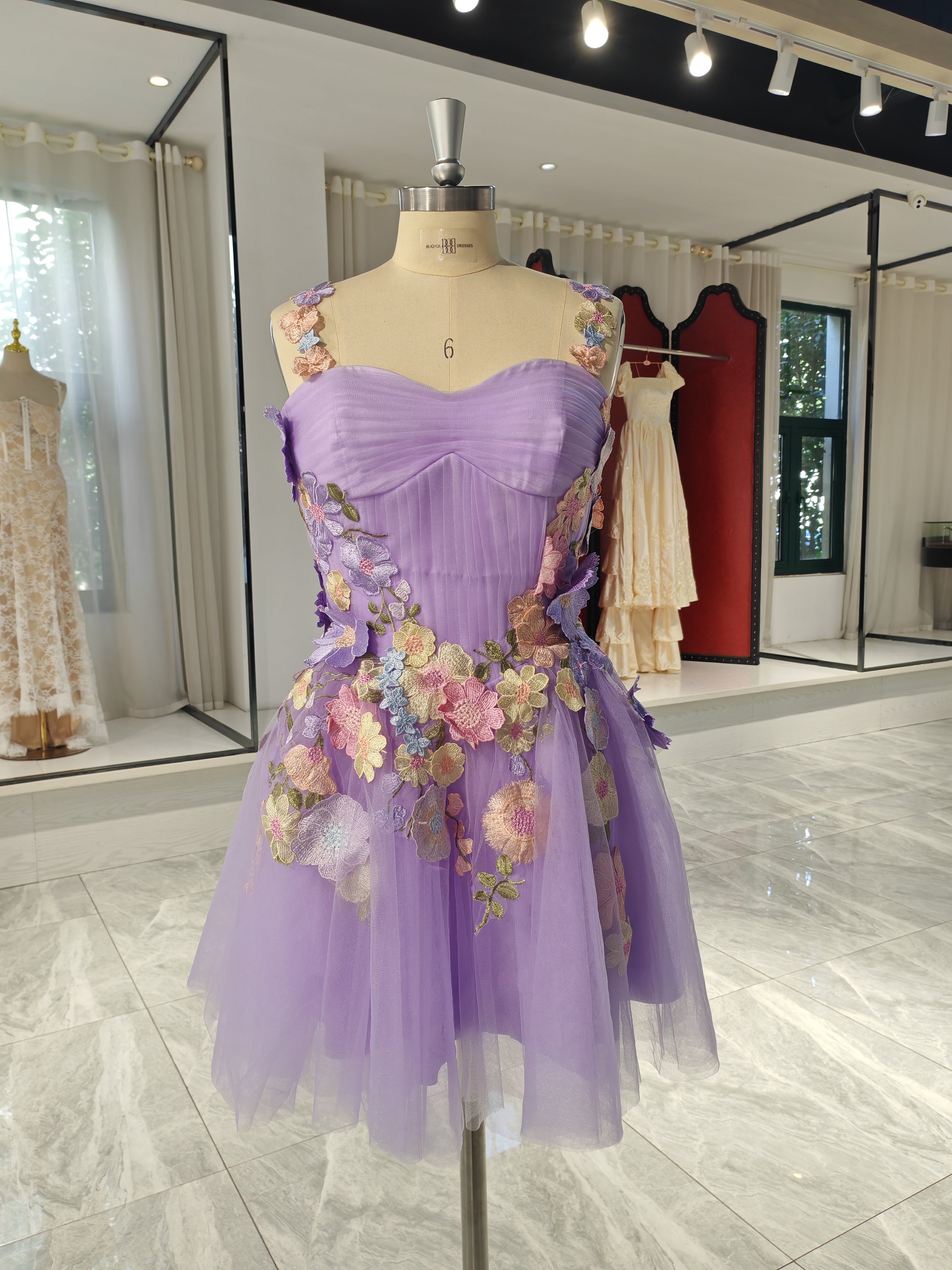 Lavender Tulle A-Line Sweetheart Lace-Up Back Above Knee Dress