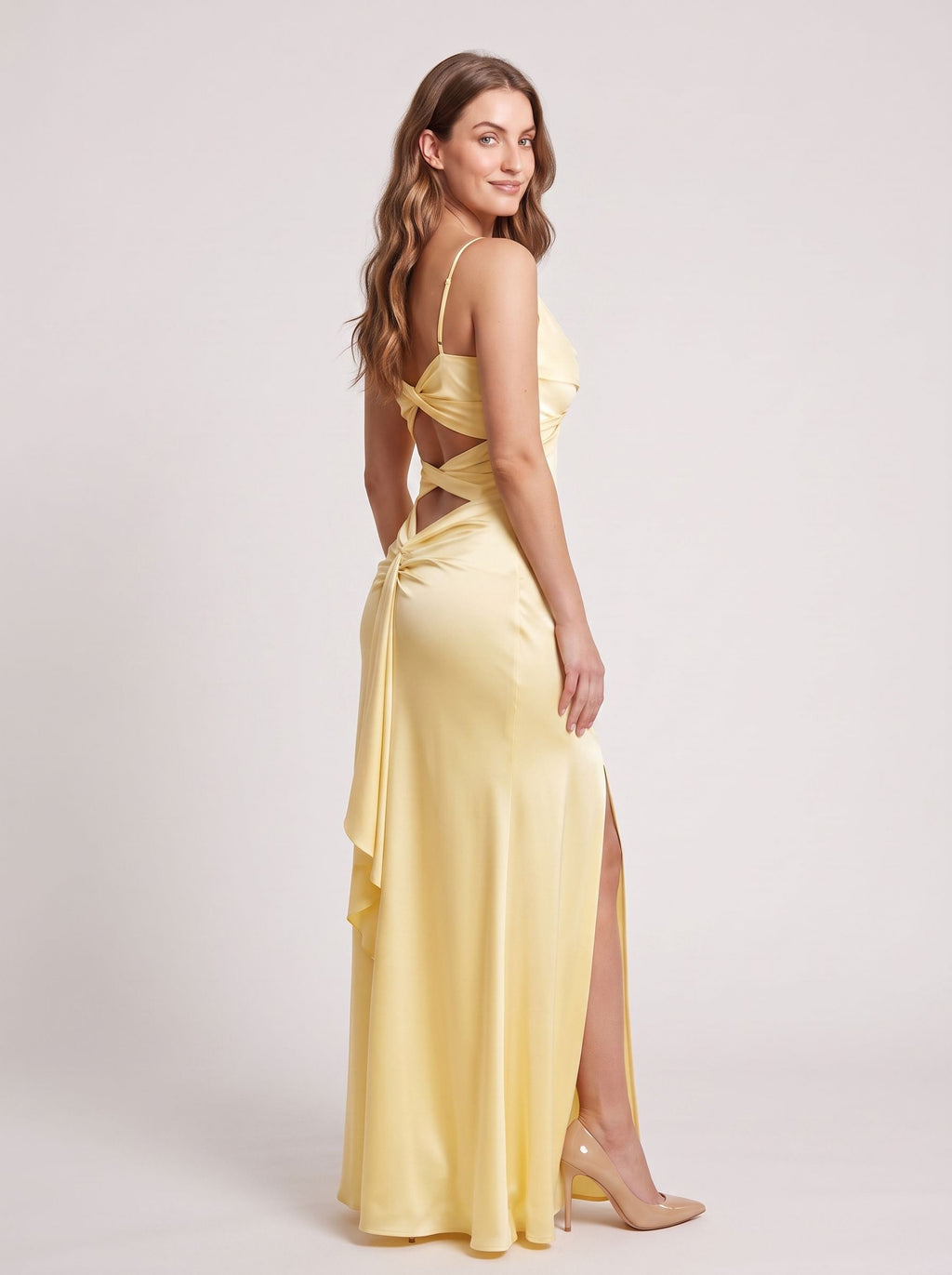 Daffodil Satin A-Line V-Neck Backless Floor-Length Dress with Side Slit