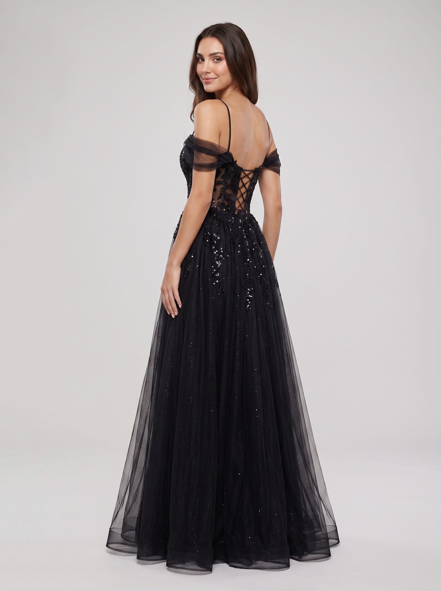 Black Tulle & Sequins A-Line Off-the-Shoulder Lace-up Floor-Length Dress with Sheer Corset & Slit
