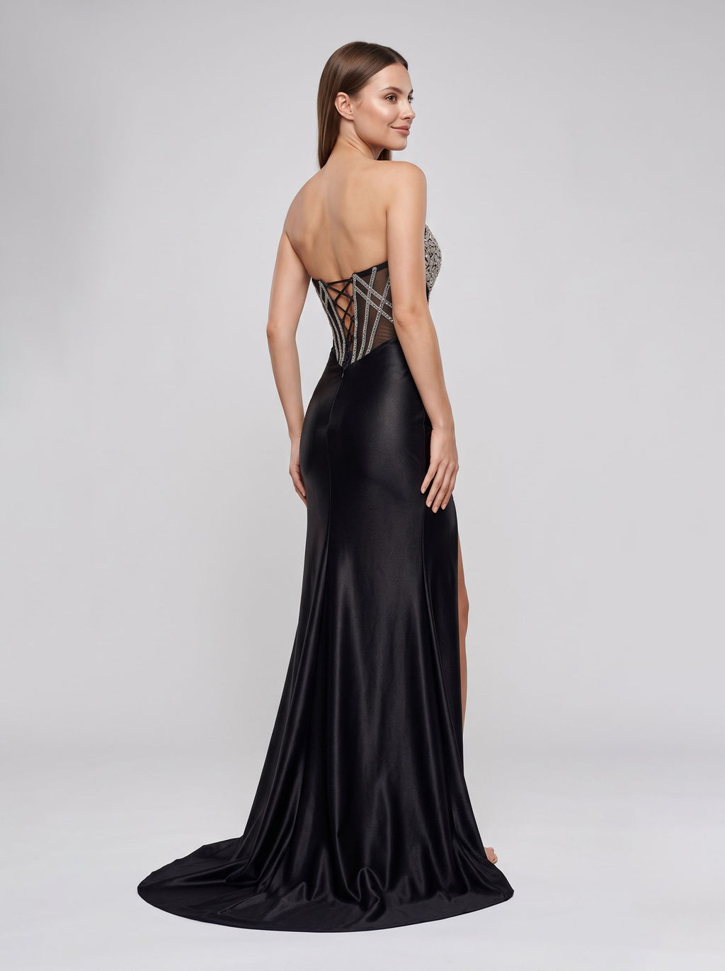 Black Satin Mermaid Sweetheart Lace-up Floor-Length Dress with Crystal-Beaded Sheer Corset