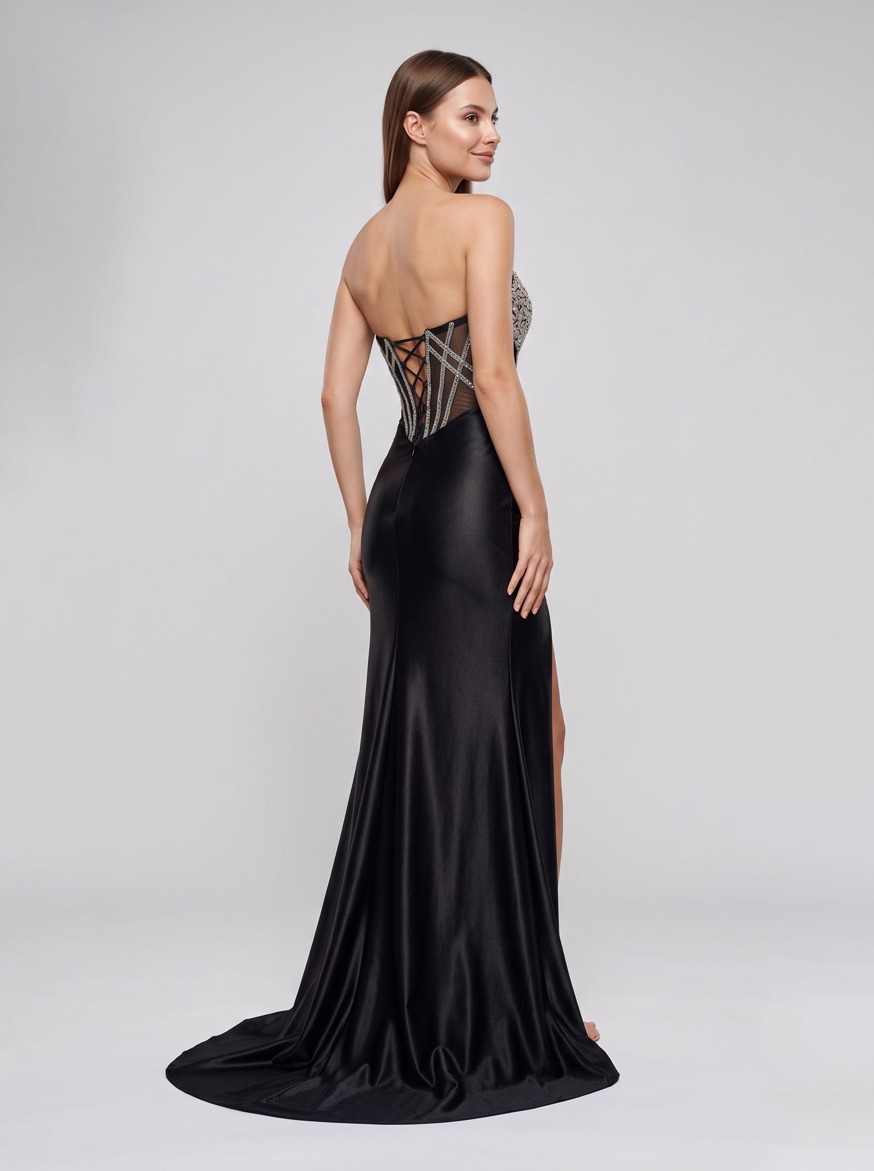 Black Satin Mermaid Sweetheart Lace-up Floor-Length Dress with Crystal-Beaded Sheer Corset