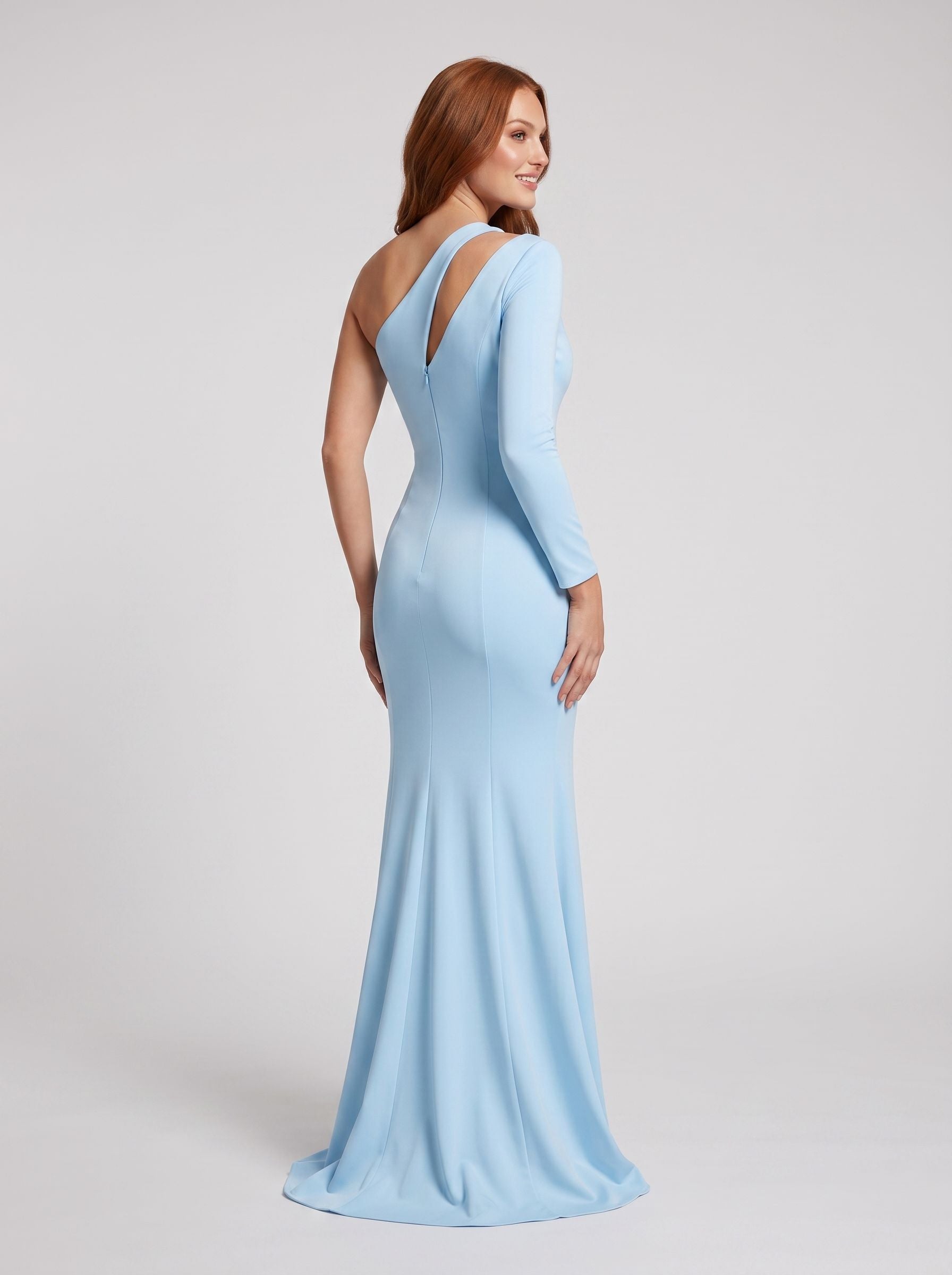 Sky Blue Matte Satin Trumpet One Shoulder Back Zip Floor-Length Dress with Single Sleeve