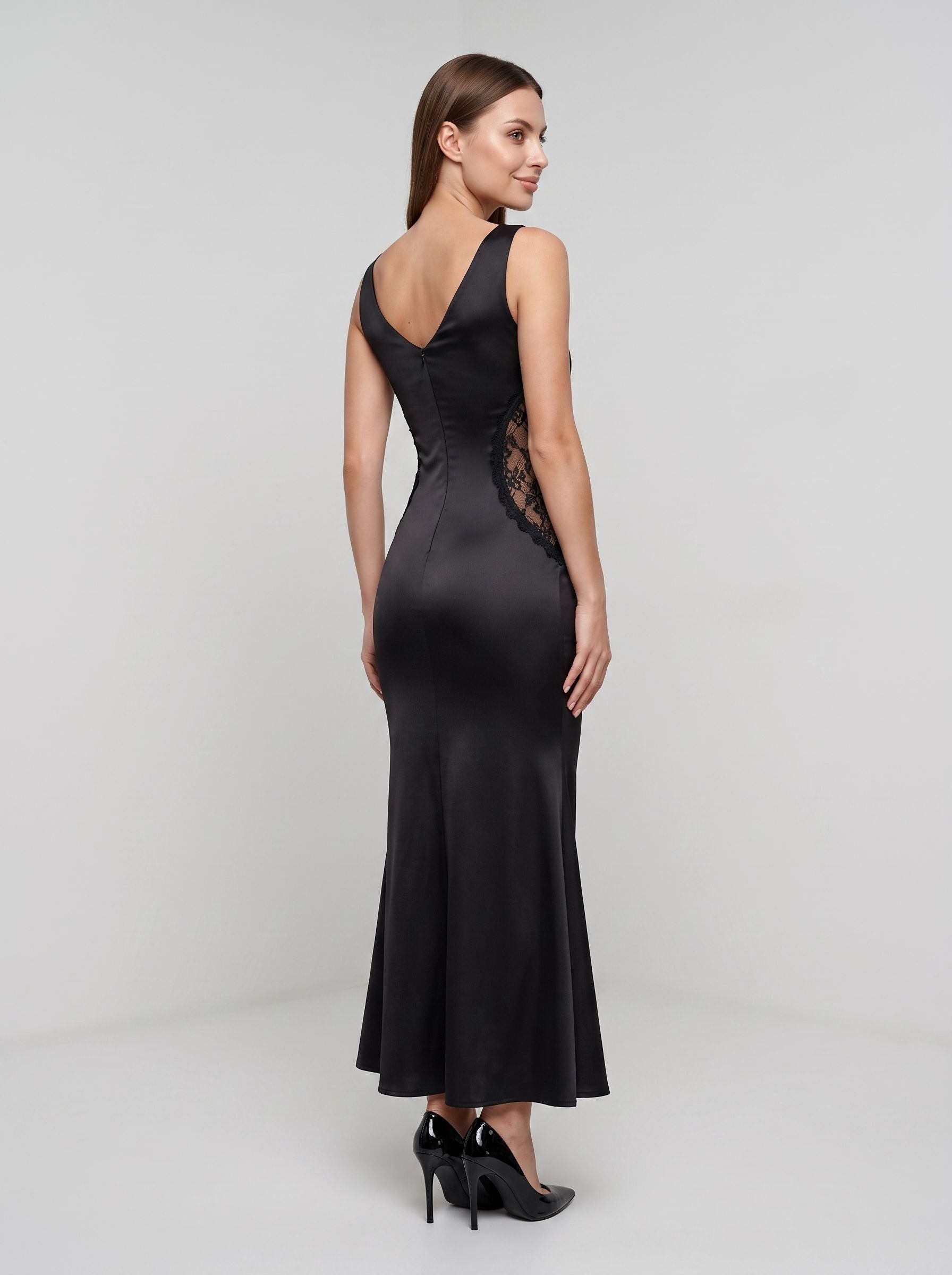 Black Satin Sheath Scoop Neck V-Back Floor-Length Dress with Sheer Lace Side Cut-Out