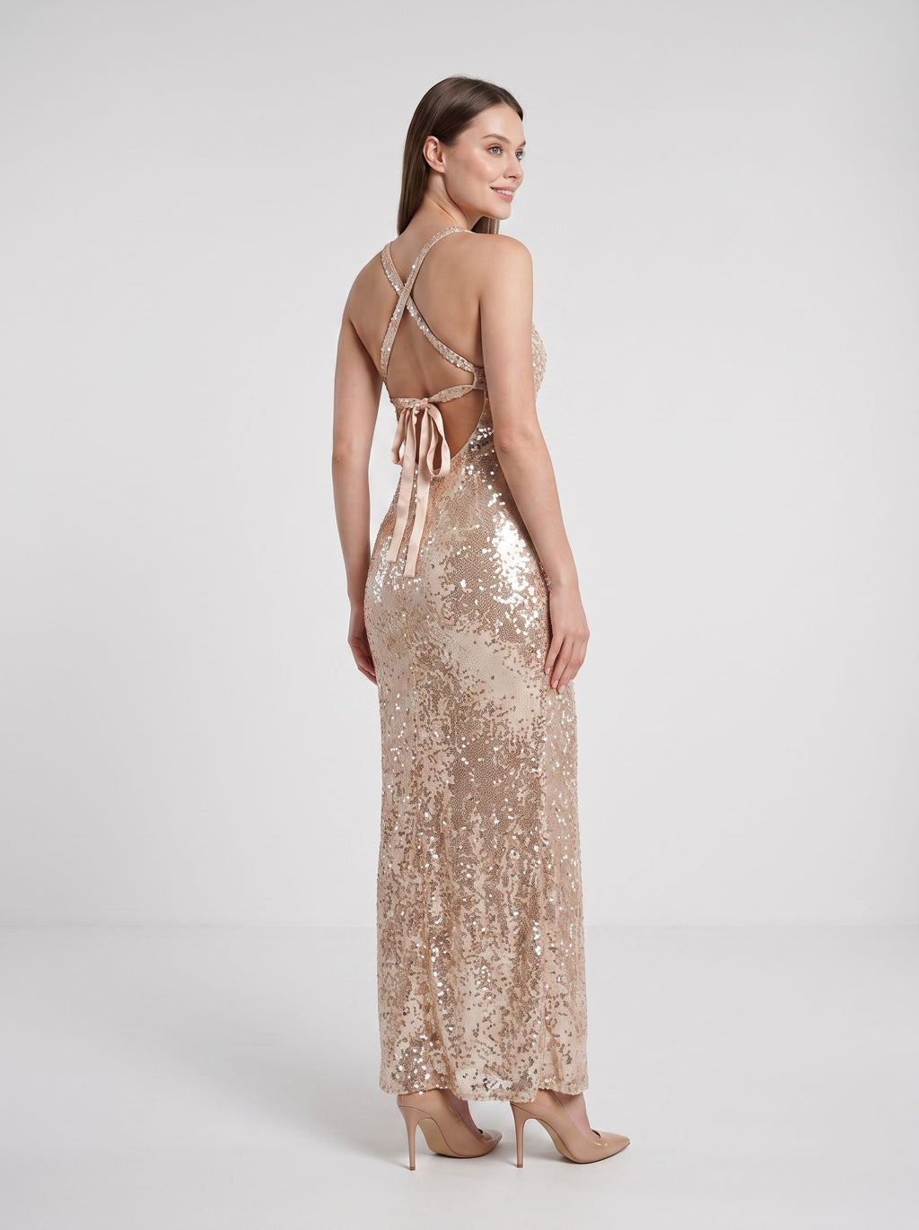 Champagne Sequins Sheath V-Neck Criss-Cross Straps Floor-Length Dress with Open Back
