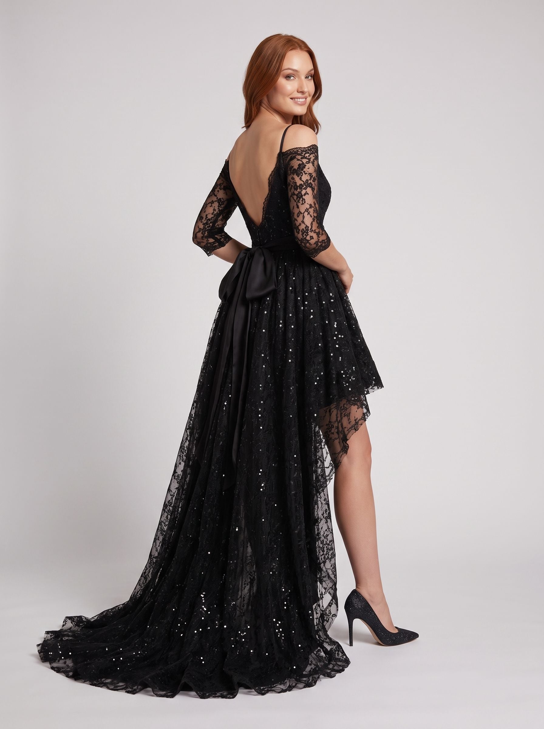Black Lace A-Line Off-the-Shoulder V-Back Floor-Length Dress with 3/4 sleeves and scalloped trim