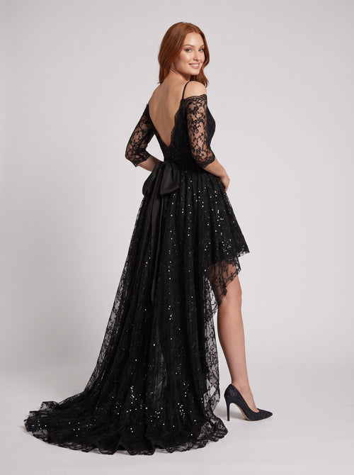 Black Lace A-Line Off-the-Shoulder V-Back Floor-Length Dress with 3/4 sleeves and scalloped trim