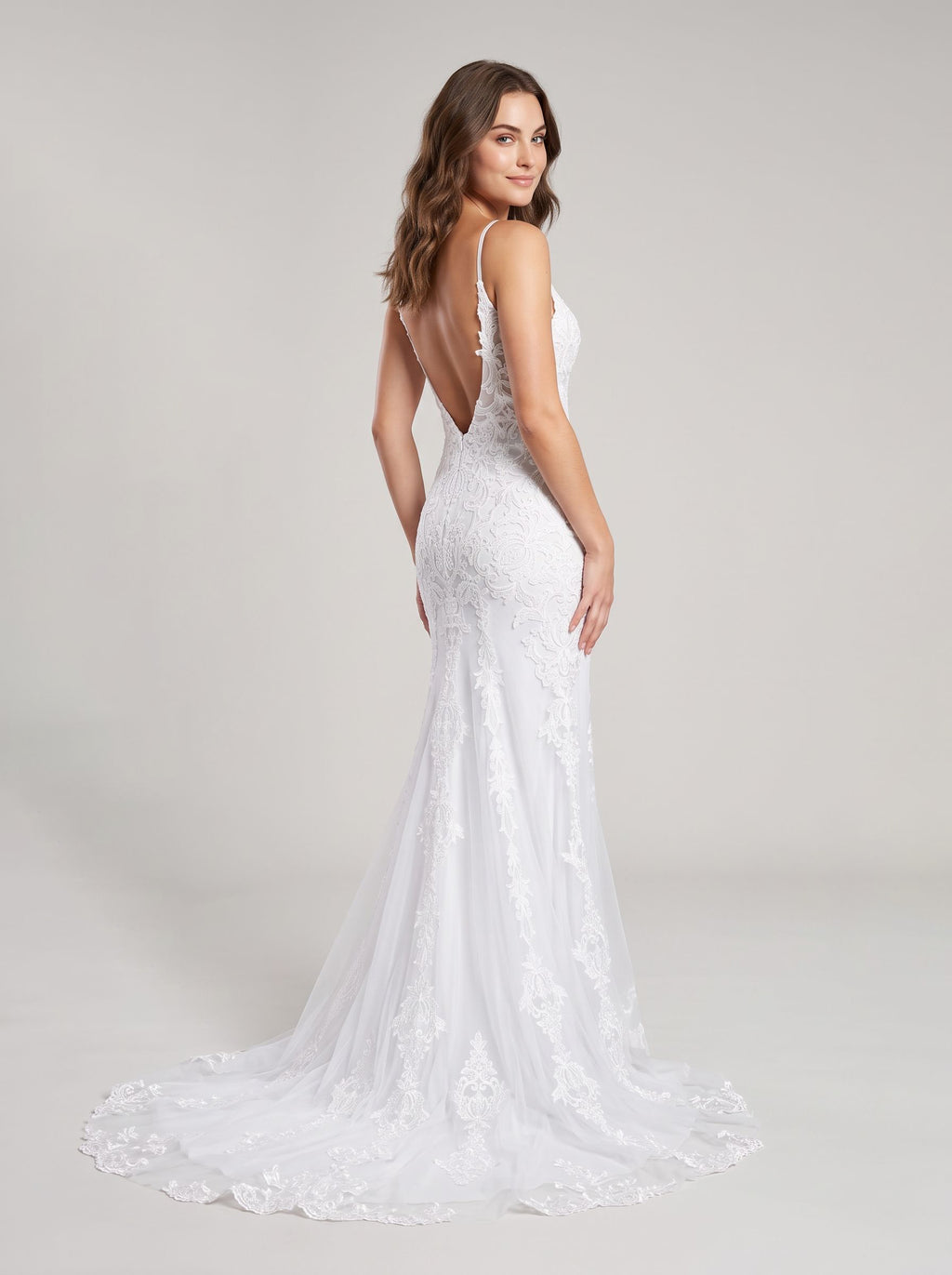 White Lace Mermaid V-Neck Backless Floor-Length Dress with Sheer Floral Lace and Sweep Train