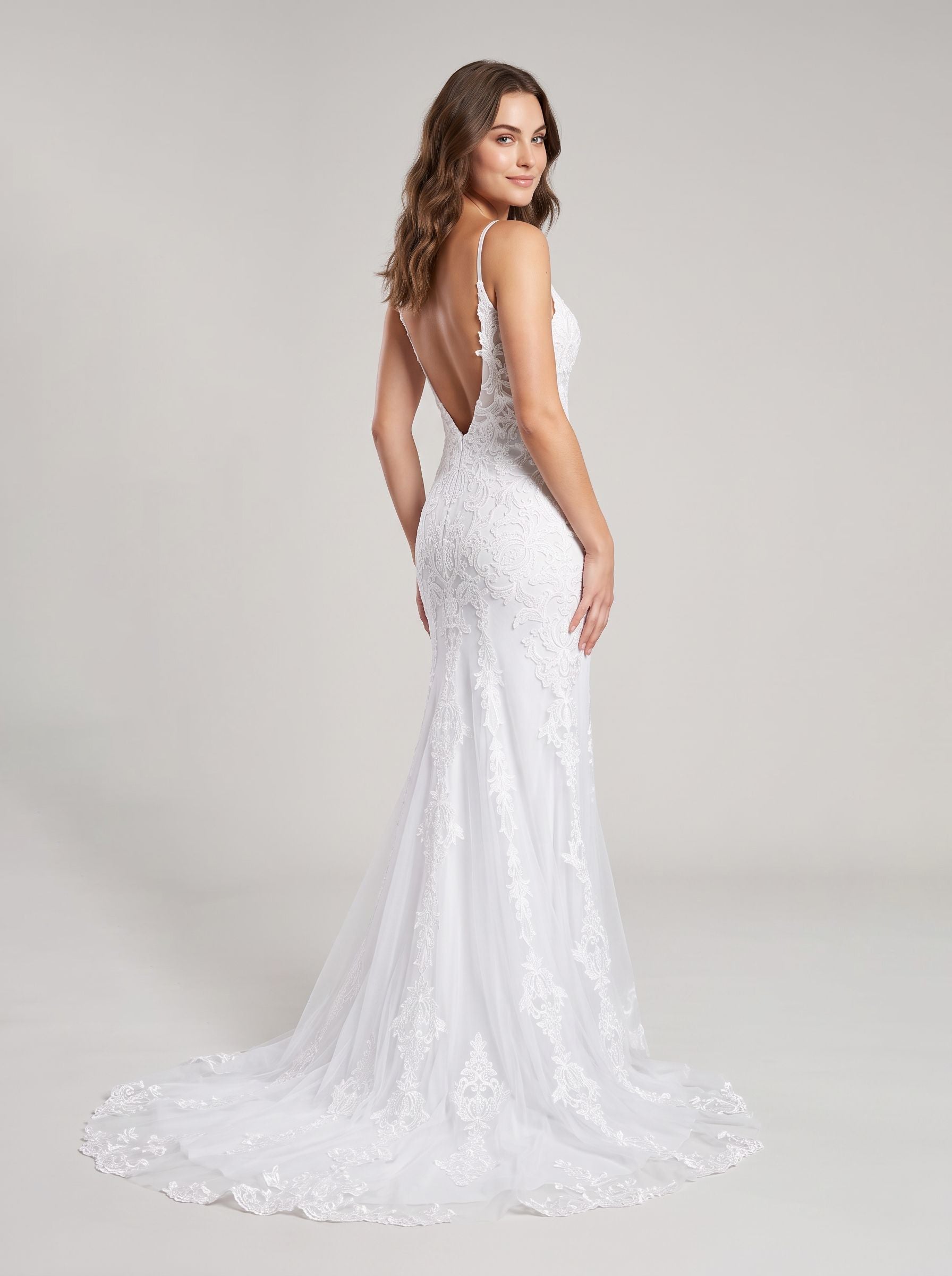 White Lace Mermaid V-Neck Backless Floor-Length Dress with Sheer Floral Lace and Sweep Train