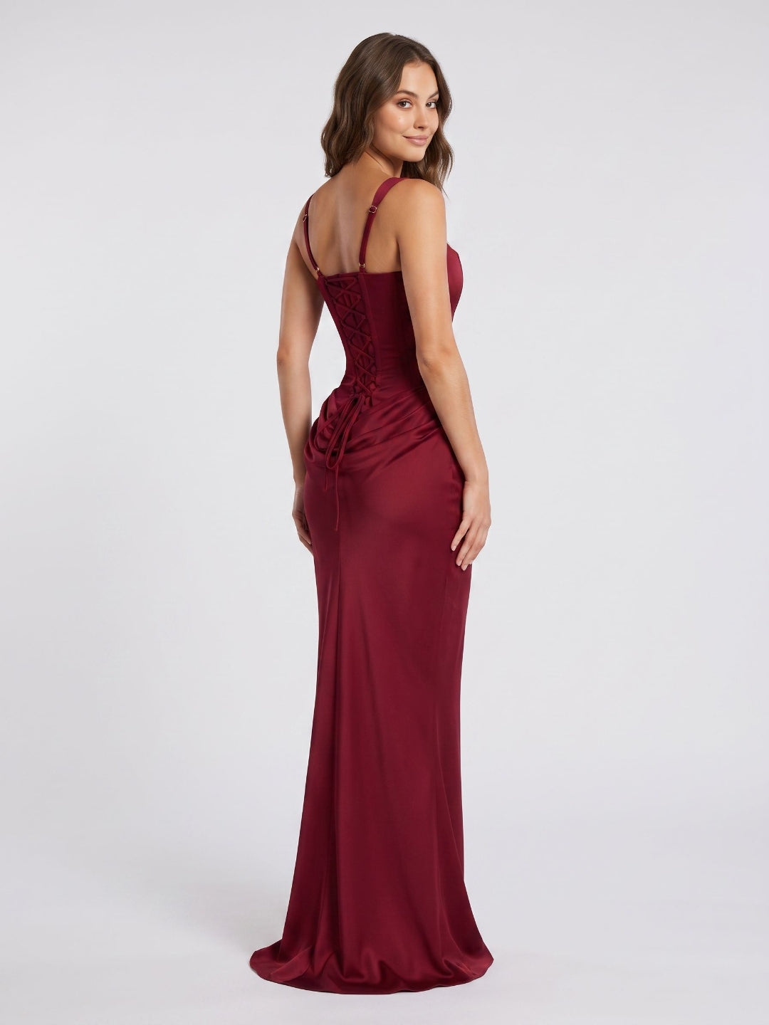 Burgundy Satin Mermaid Square Neck Lace-Up Back Floor Length Dress