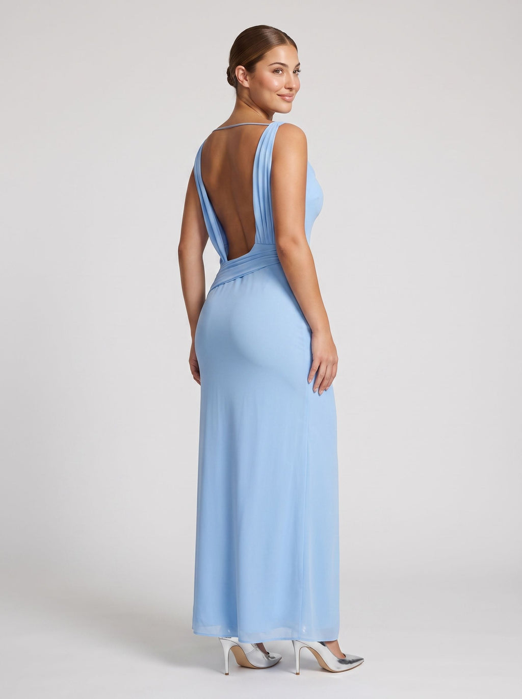 Sky Blue Chiffon Column Cowl Neck Backless Floor-Length Dress with Draped Back