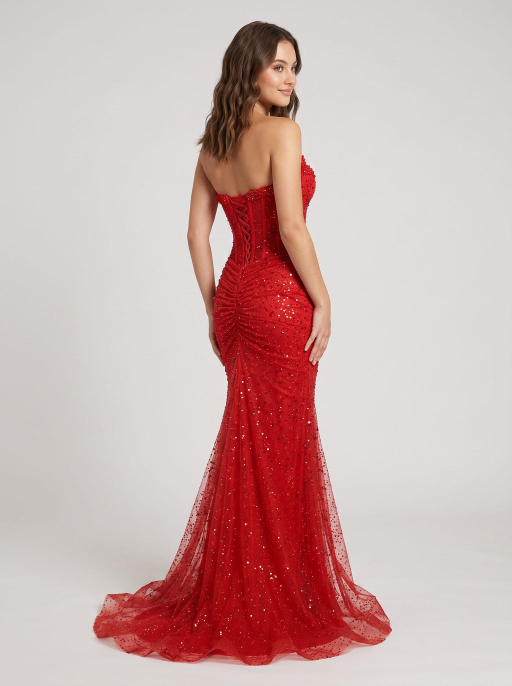 Red Sequin Mesh Mermaid Sweetheart Lace-Up Back Floor Length Dress