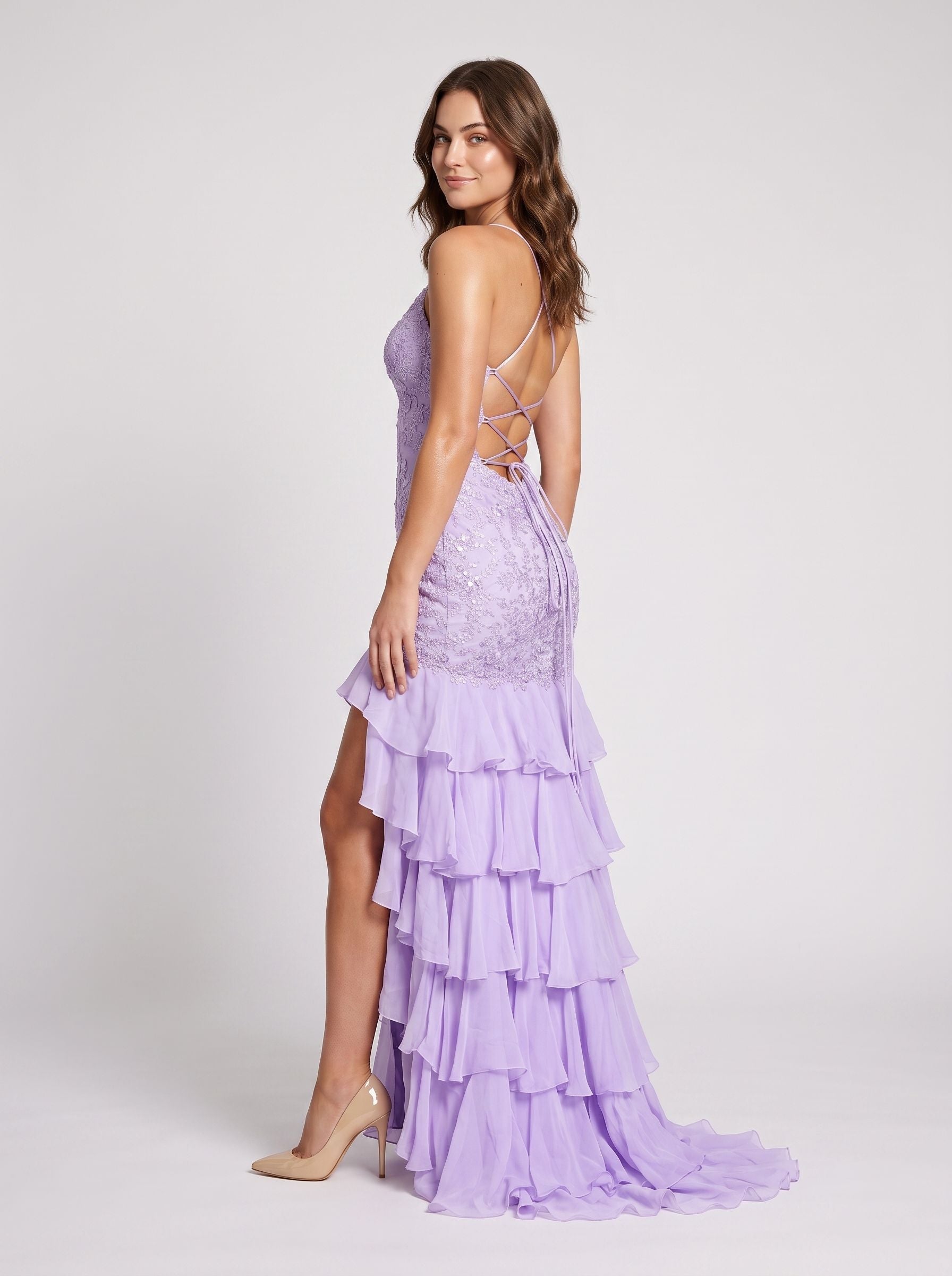 Lilac Chiffon Mermaid V-Neck Lace-up Floor-Length Dress with Cascading Ruffles