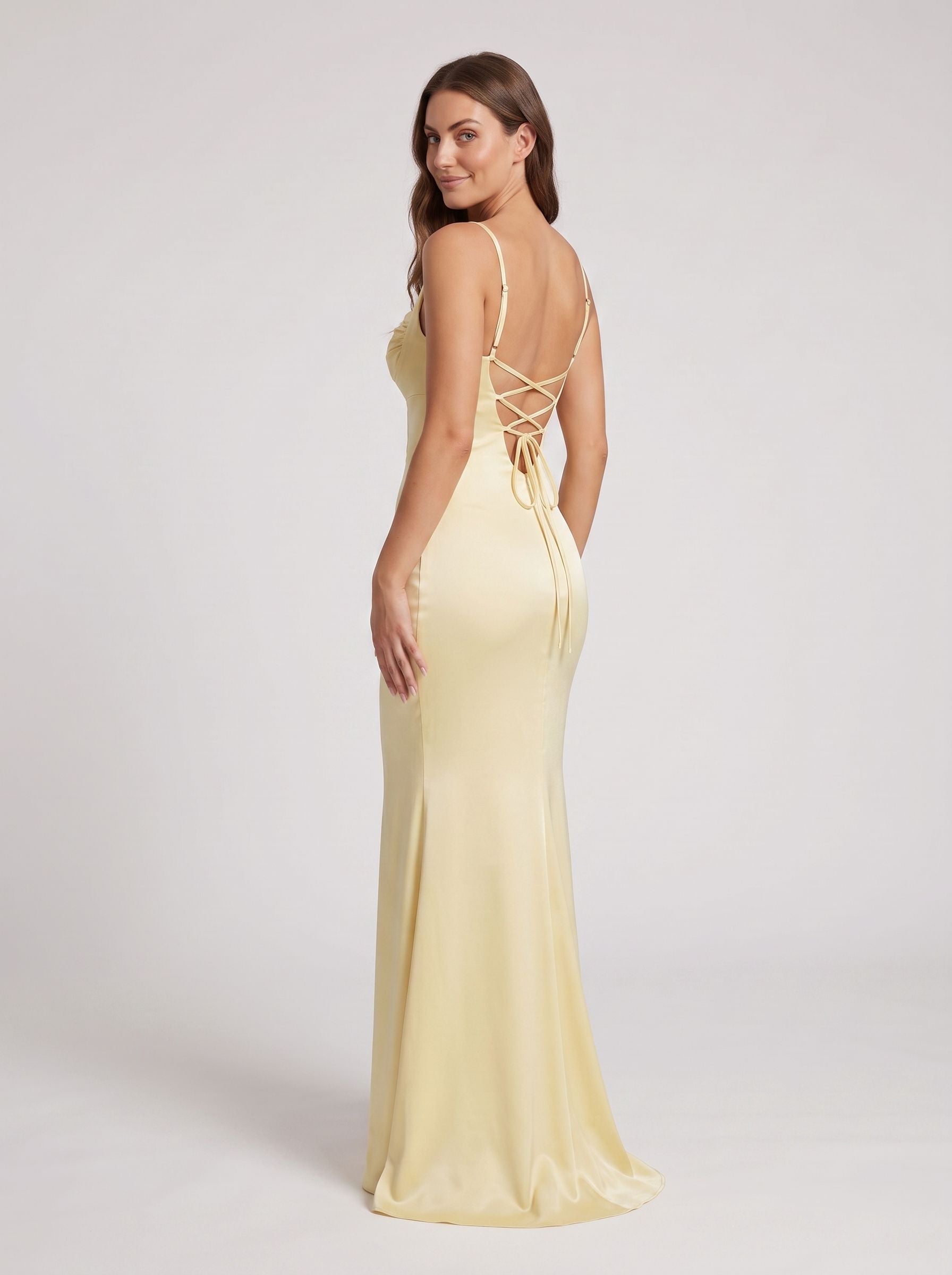 Daffodil Satin Mermaid Sweetheart Criss-Cross Straps Floor-Length Dress with Pleats