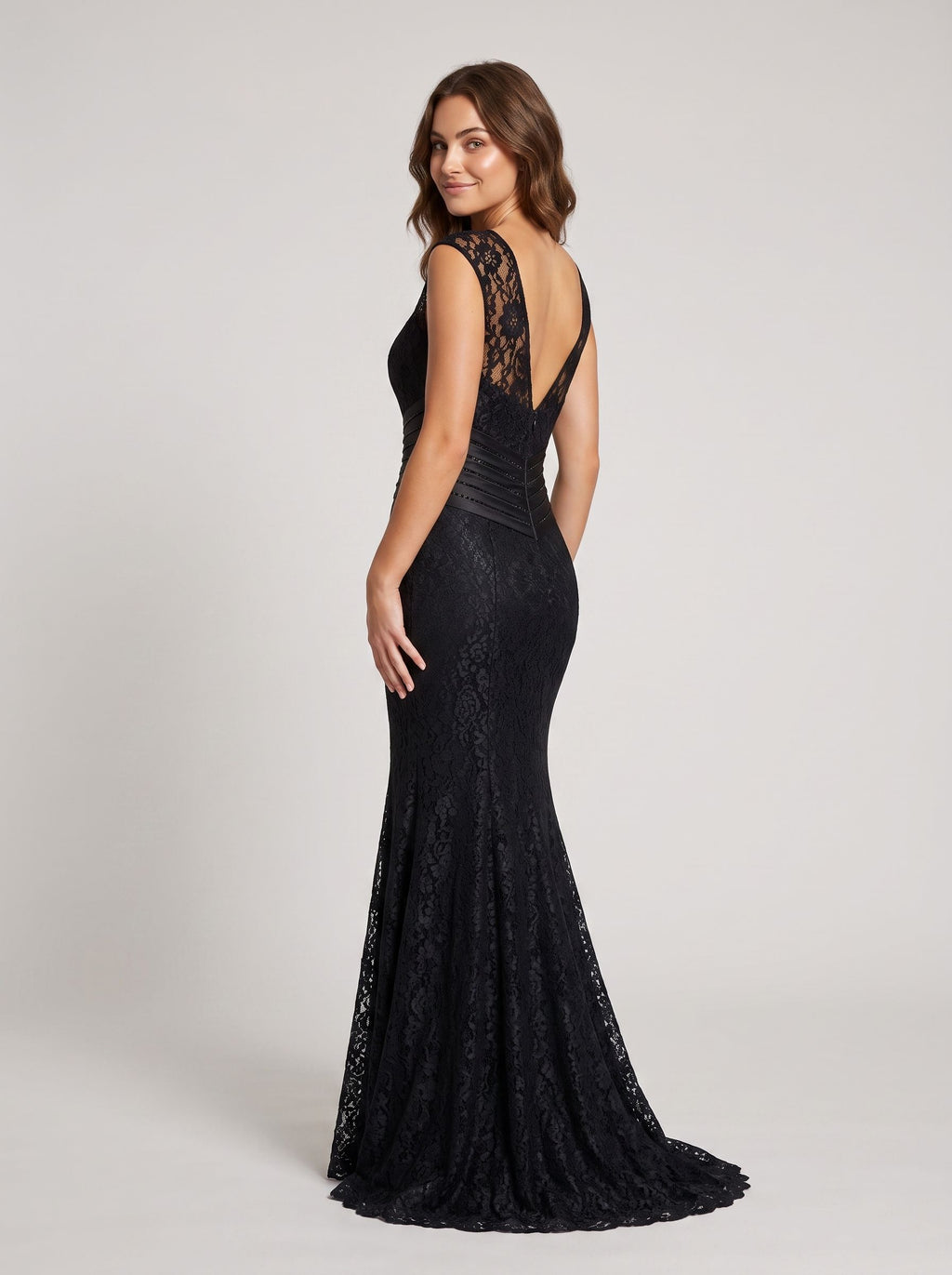 Black Lace Mermaid Scoop Neck V-Back Floor-Length Dress with Beaded bodice & Cap sleeves