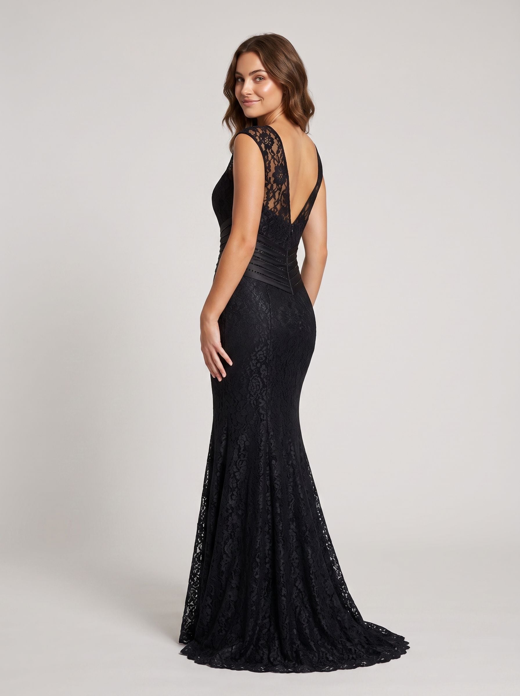 Black Lace Mermaid Scoop Neck V-Back Floor-Length Dress with Beaded bodice & Cap sleeves