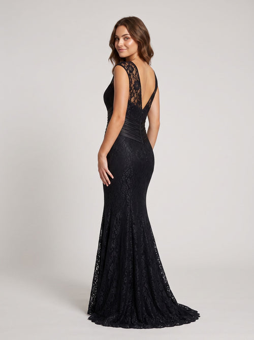 Black Lace Mermaid Scoop Neck V-Back Floor-Length Dress with Beaded bodice & Cap sleeves