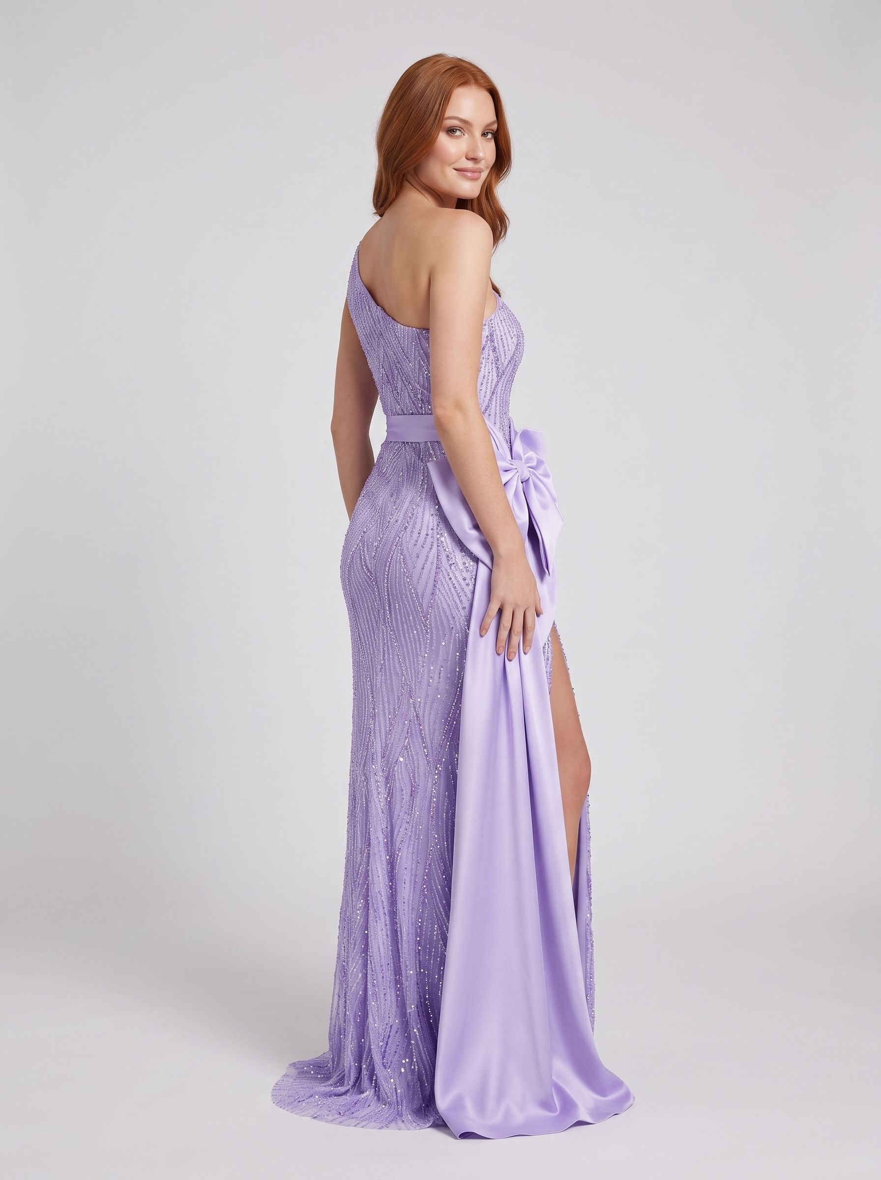 Lavender Satin Sheath One Shoulder Back Zip Floor-Length Dress with 3D Rosette and High Slit