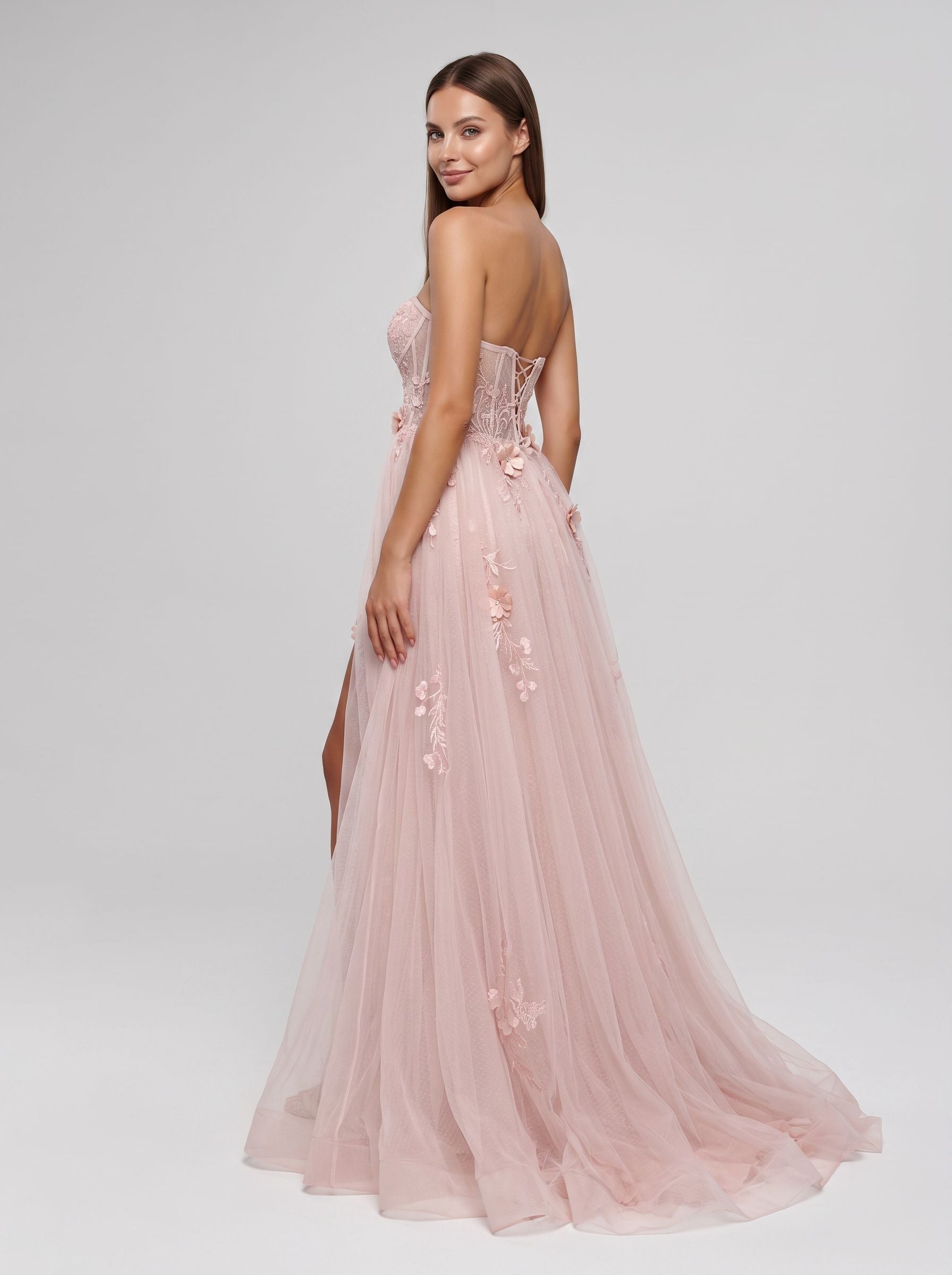 Pink Tulle A-Line Sweetheart Lace-up Floor-Length Dress with sheer embroidered corset bodice