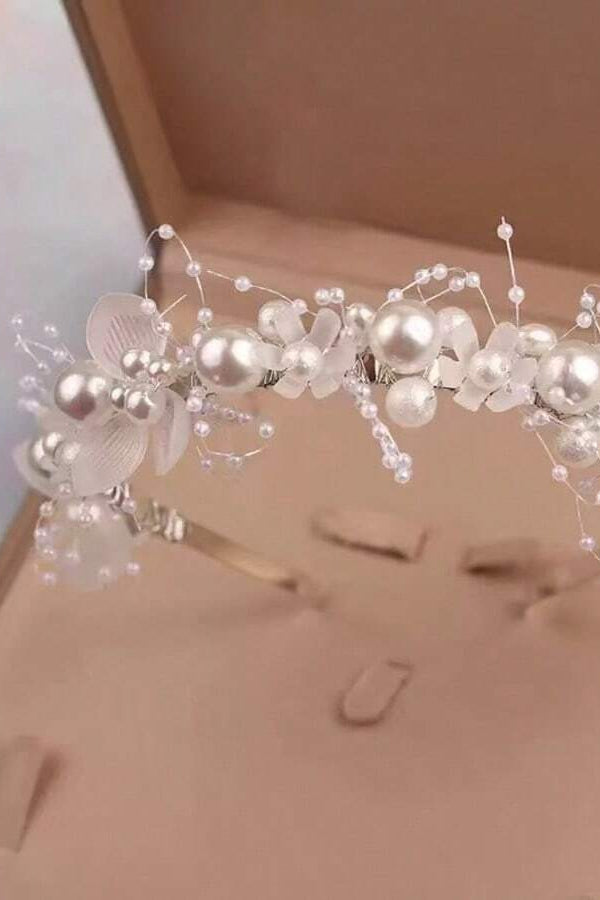 White Frosted Flower Pearl Bridal Headband Floral Vine Wedding Hair Band