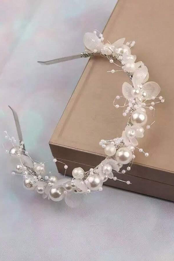 White Frosted Flower Pearl Bridal Headband Floral Vine Wedding Hair Band