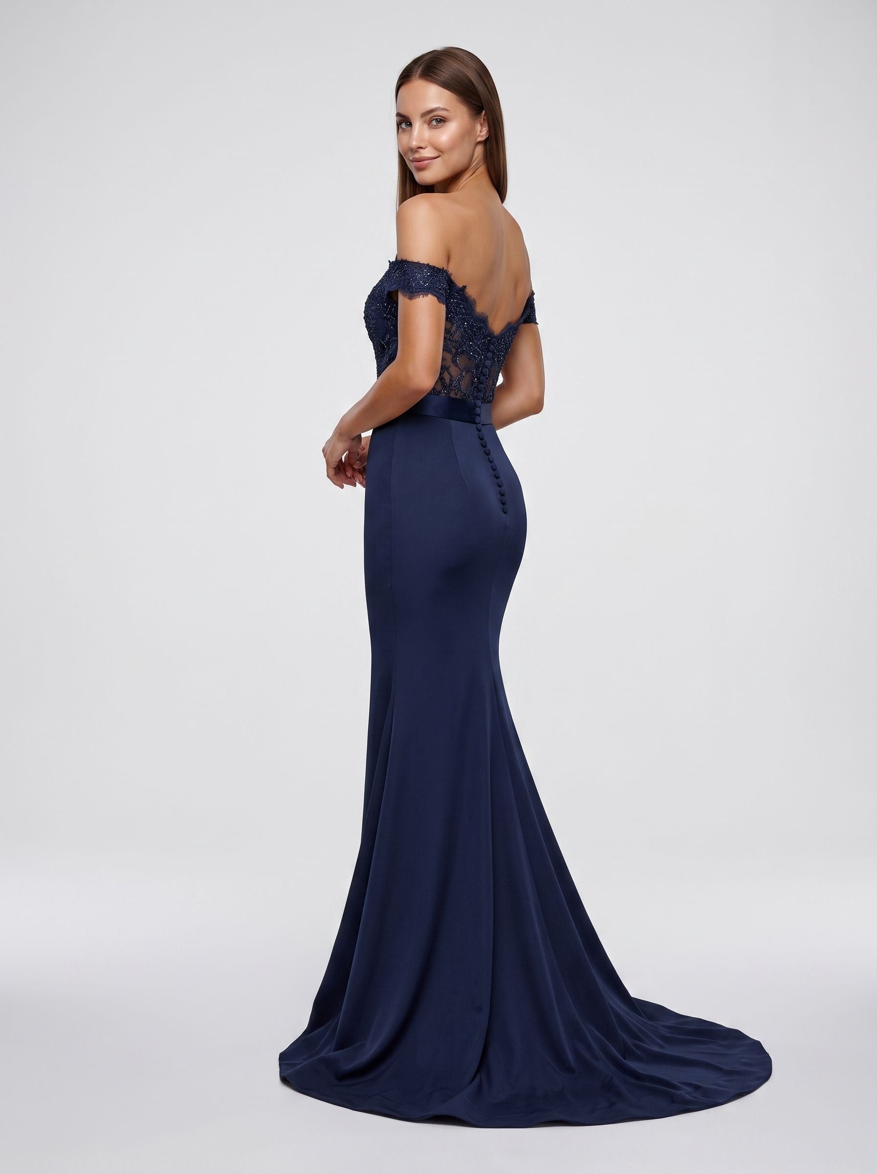 Navy Blue Matte Satin Mermaid Off-the-Shoulder Back Zip Floor-Length Dress with Sweep Train