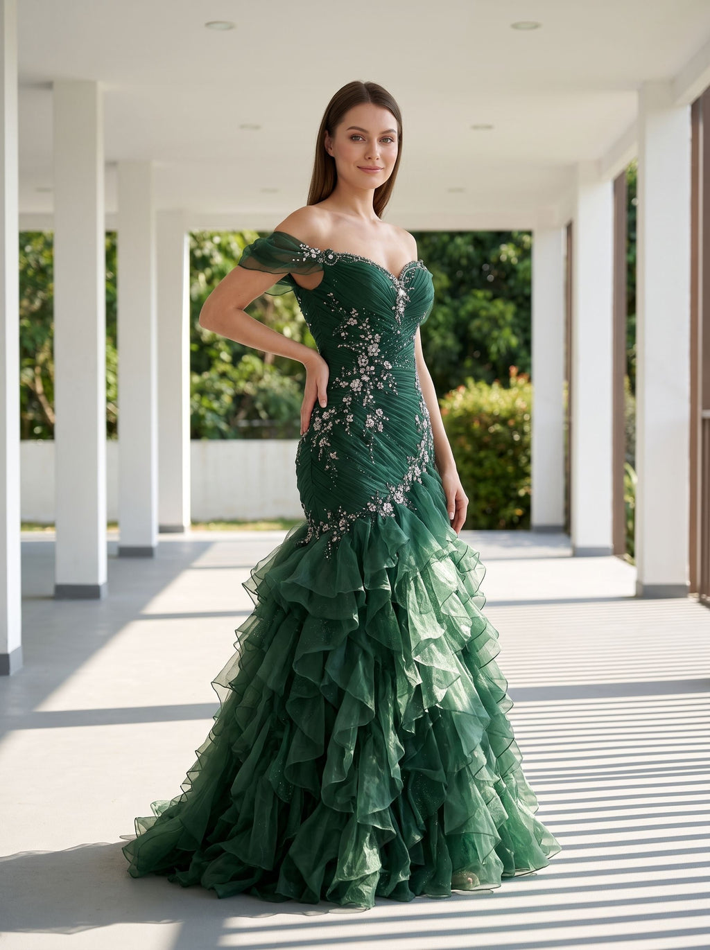 Forest Green Organza Mermaid Sweetheart Lace-Up Back Floor Length Dress