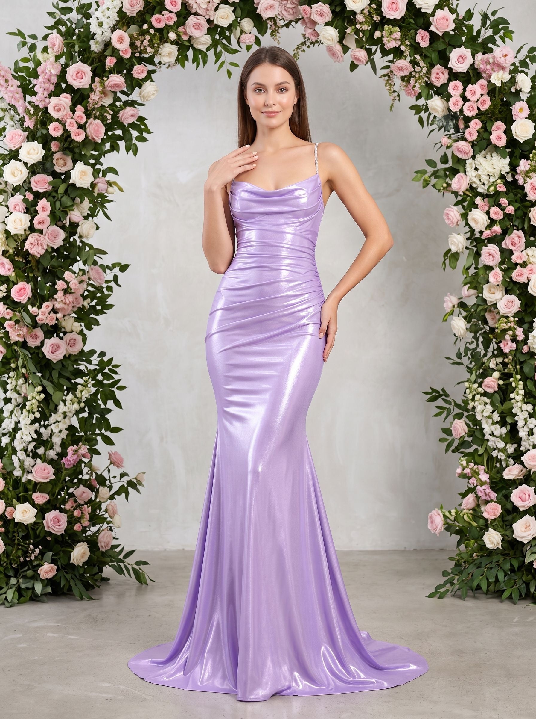 Lavender Satin Mermaid Cowl Neck Back Zip Floor-Length Dress with Draped Neckline