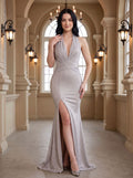 Silver Satin Mermaid Halter neckline back zip Floor-Length Dress with Thigh-high Slit