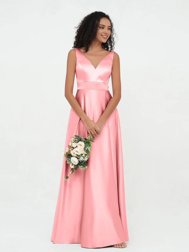 Satin Spaghetti-Strap Deep V-Neck A-Line Floor-Length Bridesmaid Dresses