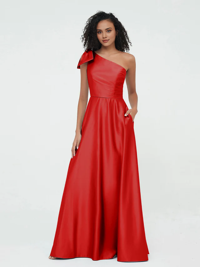 Elegant Satin A-Line One Shoulder Bow Back Maxi Bridesmaid Dress