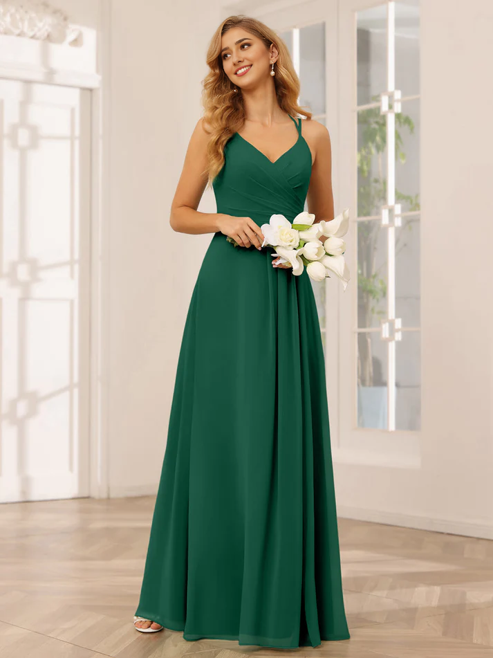 Chiffon Spaghetti-Strap Sweetheart Neckline Ruched Bodice A-Line Floor-Length Romantic Bridesmaid Dress