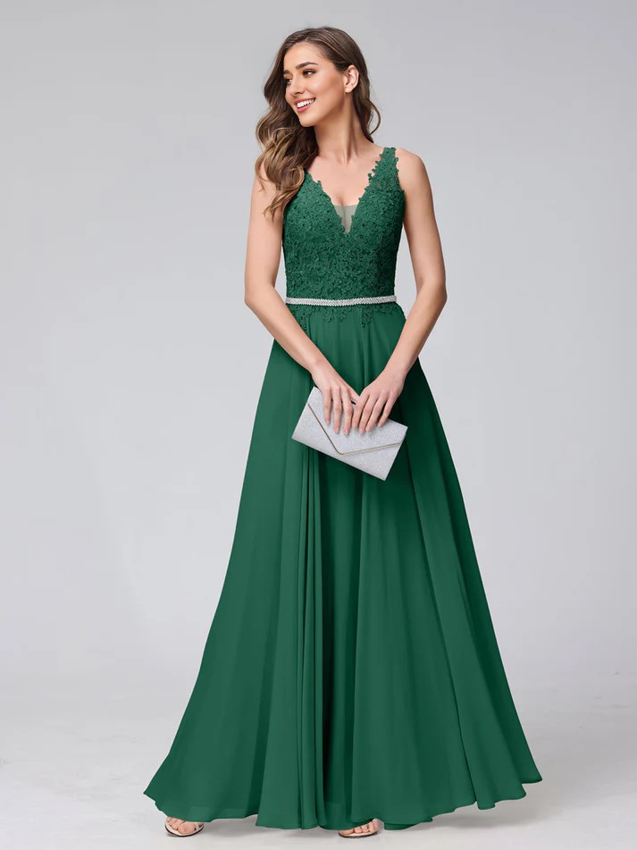 Chiffon Spaghetti-Strap V-Neck Embellished Bodice A-Line Floor-Length Elegant Bridesmaid Dress