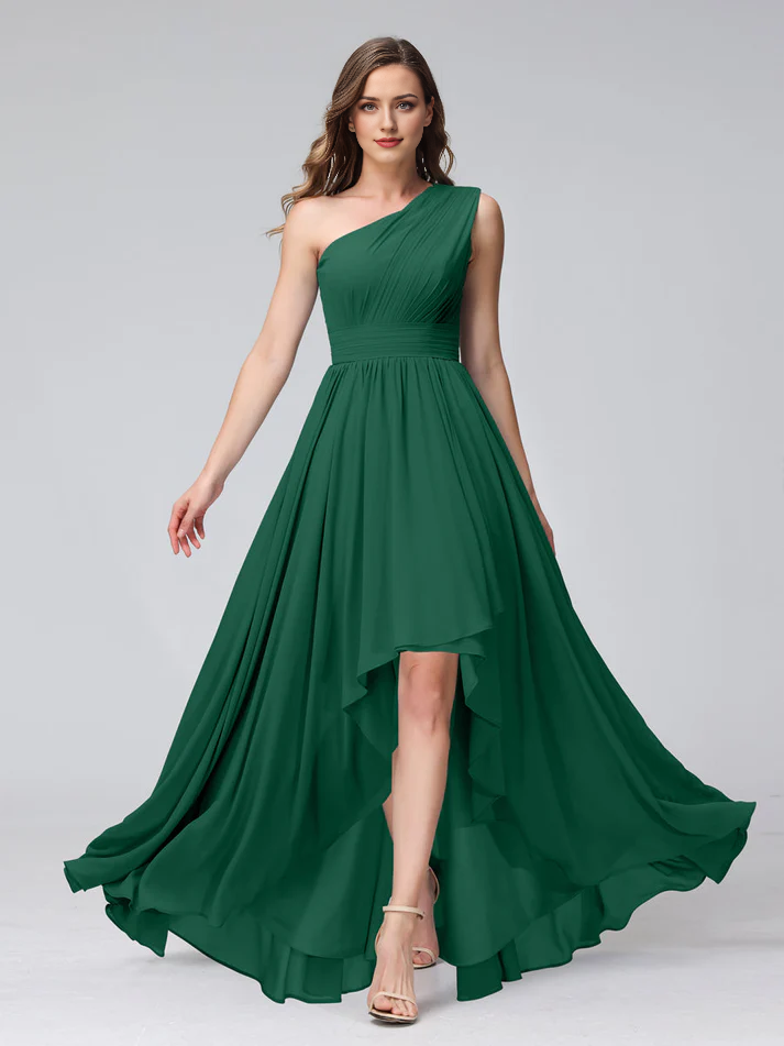 Chiffon One-Shoulder Ruched Bodice Asymmetrical High-Low A-Line Floor-Length Dusty Blue Bridesmaid Dresses