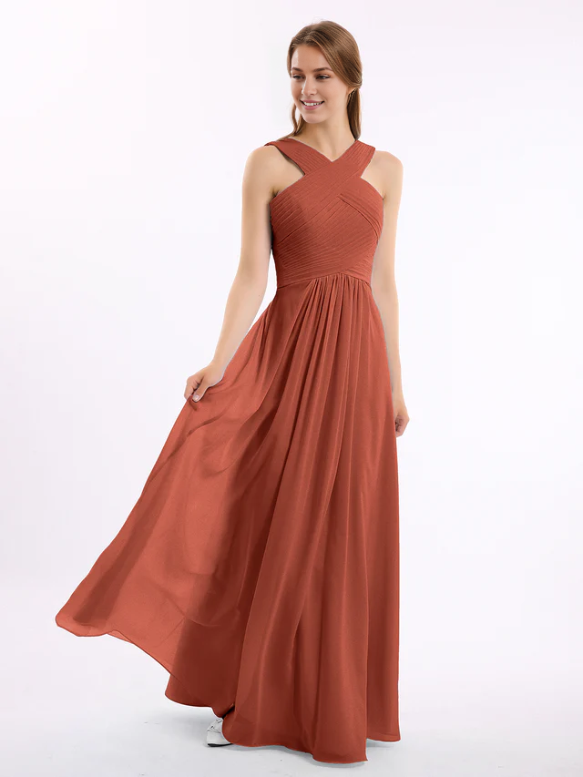 Chiffon Cross-Back Sleeveless Ruched Bodice A-Line Floor-Length Bridesmaid Dresses
