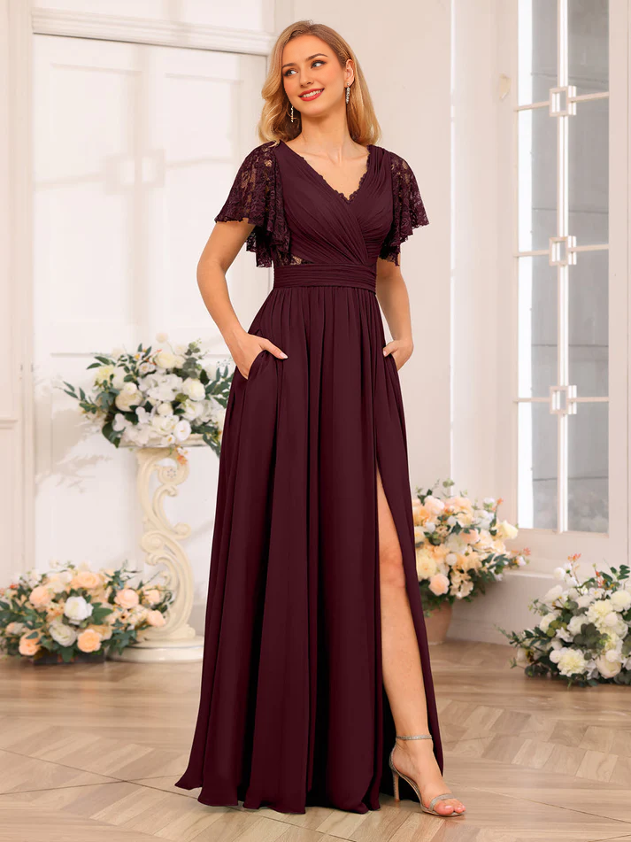 Chiffon One-Shoulder Flutter Sleeve Ruched Bodice High-Slit A-Line Floor-Length Soft Mint Bridesmaid Dresses