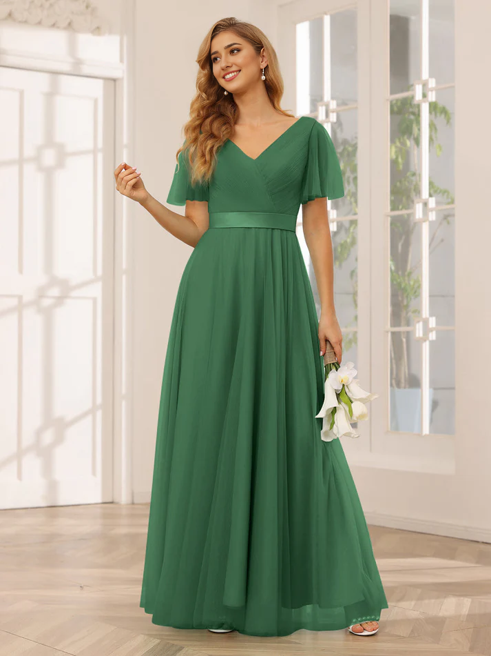 Chiffon Short-Sleeve V-Neck Belted Bodice A-Line Floor-Length Romantic Bridesmaid Dress