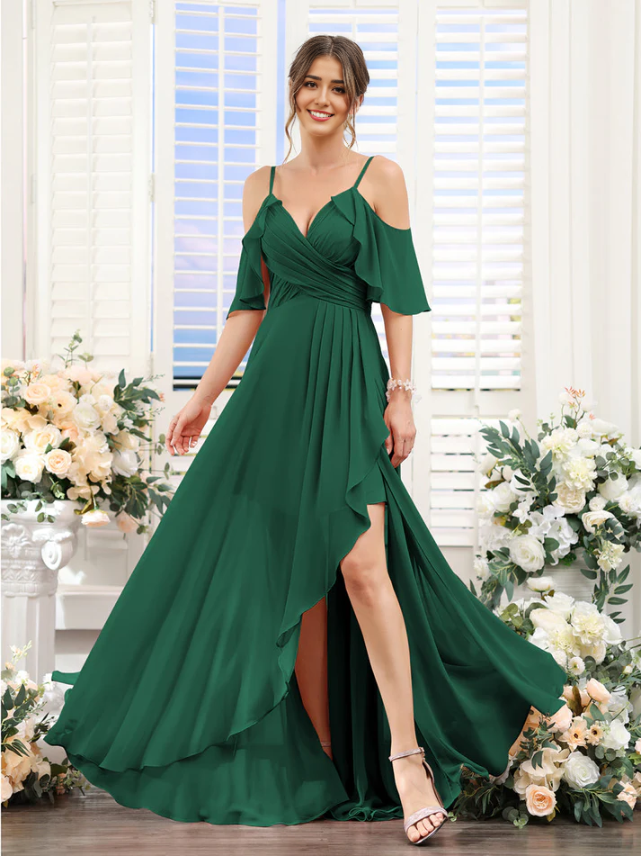 Chiffon Cold-Shoulder Spaghetti-Strap Ruched Bodice High-Low Floor-Length Romantic Bridesmaid Dress