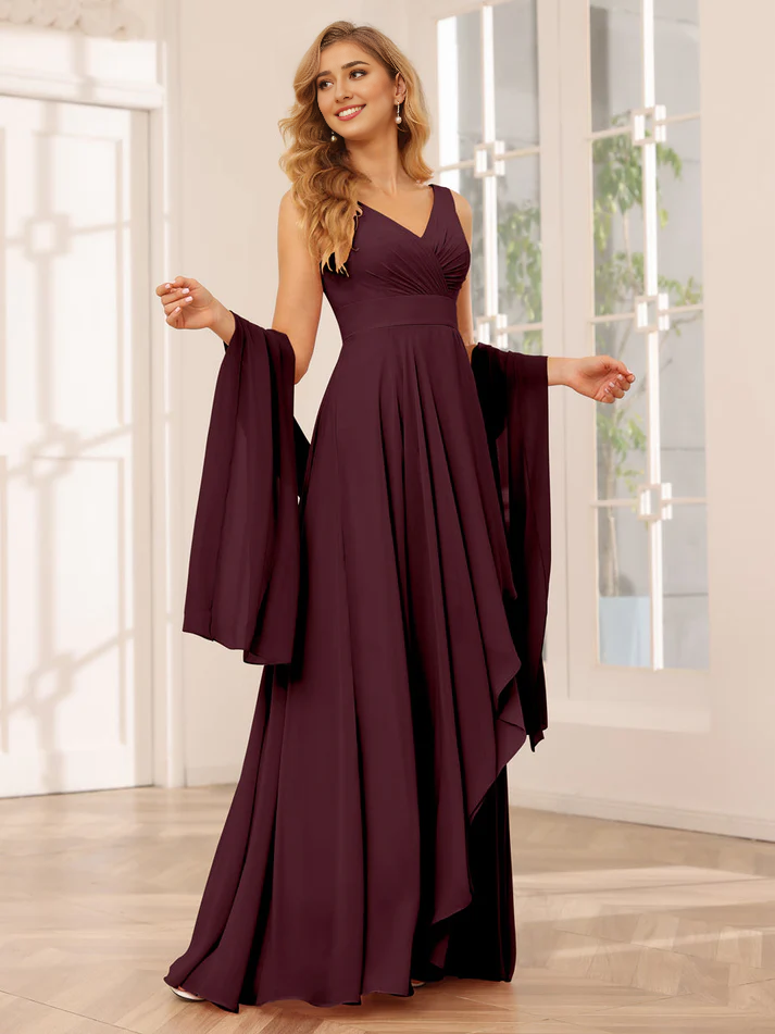 Chiffon V-Neck Detachable Bell-Sleeve High-Low A-Line Floor-Length Versatile Bridesmaid Dress