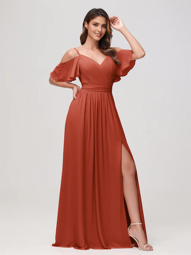 Chiffon Off-Shoulder V-Neck Ruched Bodice High-Slit A-Line Floor-Length Bridesmaid Dresses